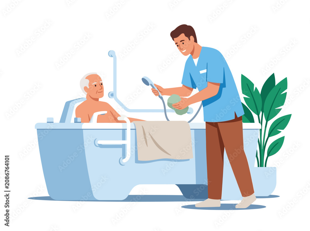 Fototapeta premium Male caregiver helping elderly man in bathtub. Vector illustration of professional senior home care and hygiene assistance.