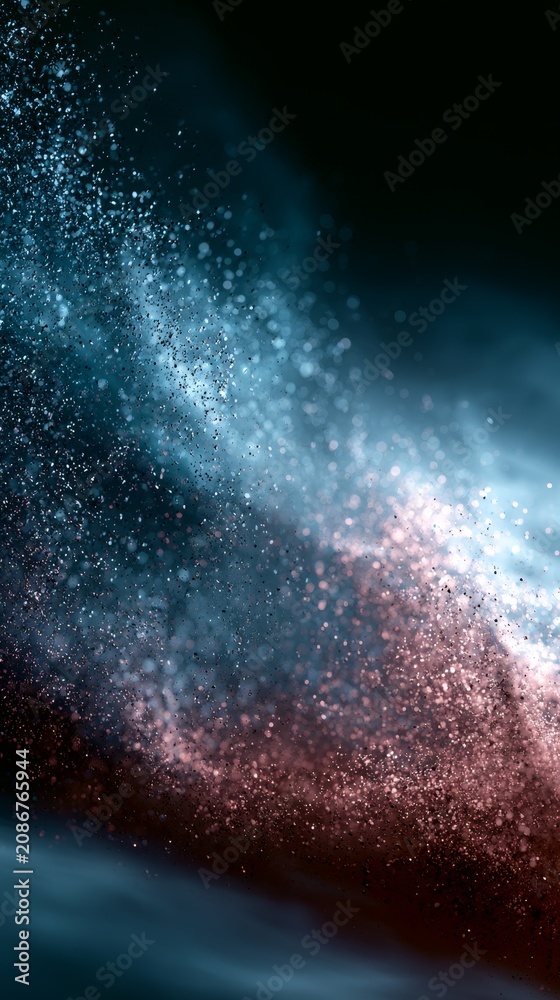 Fototapeta premium Abstract cosmic space featuring a swirling nebula of shining blue and pink glitter dust, forming a dynamic and ethereal galaxy background