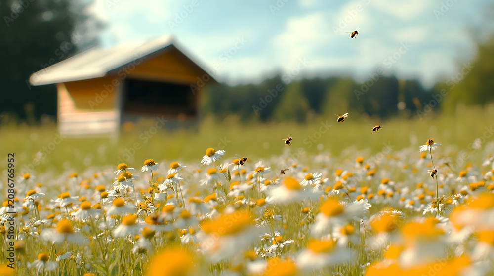 Obraz premium Honey bees flying over a meadow of chamomile flowers with a wooden apiary in a sunny countryside field