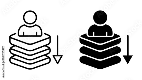 Foto User Icon Stack Descending: Two icons representing a user or person stacked atop descending layers, indicating a process, hierarchy, or data flow in both outline and filled styles