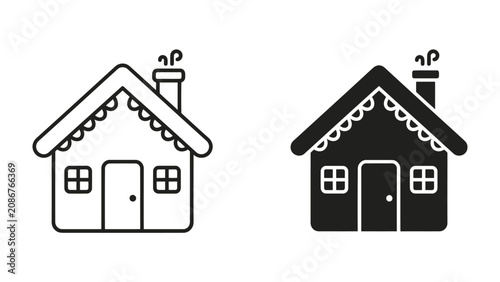 Tableau sur toile Two Styles of Cozy Cottage: A charming cottage depicted in both a simple outline and a solid silhouette, showcasing a classic roofline with decorative trim and a smoking chimney