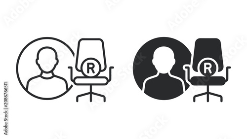 Foto Seat Icon with Registered Symbol: A minimalist representation of a person's profile icon next to an office chair featuring a registered trademark symbol