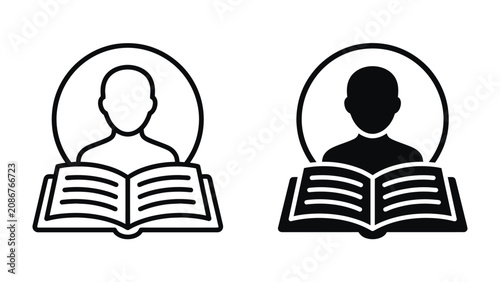 Foto Study Icon: A minimalist graphic showcasing two stylized figures, one outlined and one filled silhouette, engrossed in reading an open book, representing knowledge and education