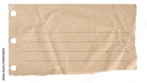Fényképezés Torn lined brown paper fragment with three hole punches, isolated on white png i