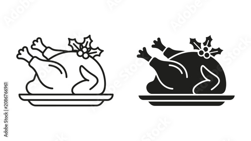 Konstfotografi Roast Turkey Icon Set: A classic depiction of a whole roast turkey, adorned with festive holly berries and leaves, presented on a serving platter in both outline and silhouette styles