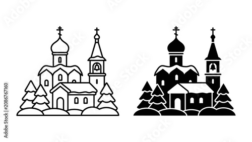 Quadro su tela Orthodox Church Icon: A stylized depiction of an Orthodox church, complete with onion domes and a bell tower, surrounded by snow-covered evergreen trees, presented in both line art and silhouette