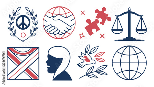 Bild auf Leinwand Global Peace Justice and Human Rights Icon Set Minimalist Symbols