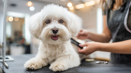 Maltese dog getting a haircut at a grooming salon. Pet care and hygiene, professional grooming and a sweet and fluffy companion.