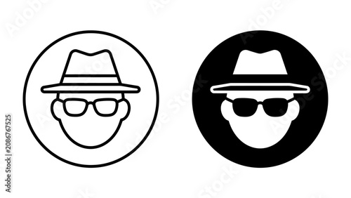 Tableau sur toile Anonymous Identity Icons: Two minimalist circular icons depict a masked individual wearing a hat and sunglasses, symbolizing anonymity, mystery, or a secret identity
