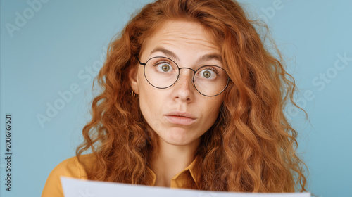 Surprised Redhead Woman Wearing Glasses Reading Document with Shocked Expression