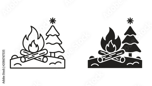 Campfire Icon: A stylized illustration of a campfire burning next to a Christmas tree, symbolizing warmth and festive spirit in a winter setting.