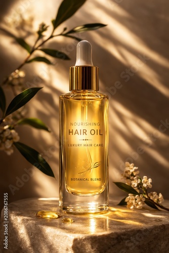 Luxury hair oil bottle with botanical ingredients glowing in warm light for premium beauty care routine