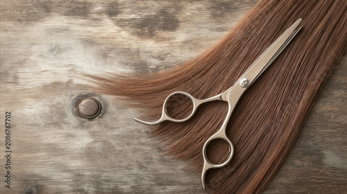 Professional Hairdressing Scissors on Smooth Brown Hair on Wooden Background with Copy Space