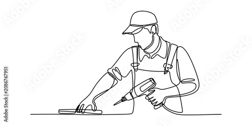 Continuous single line drawing of a handyman wearing a cap and apron using a power drill to work on a wooden board for home renovation and repair project