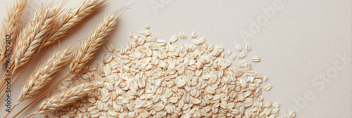 Oat flakes and oat ears on a light background with copy space, healthy nutrition concept