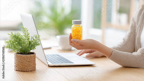 Woman Holding Omega 3 Fish Oil Capsules While Working on Laptop at Home