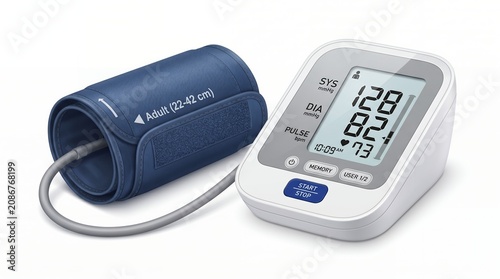 Digital Blood Pressure Monitor with Cuff on White Background for Healthcare and Medical Use