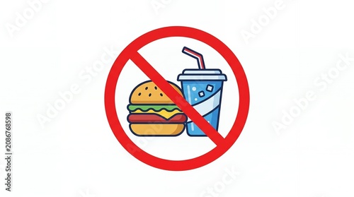 No Food and Drink Sign Illustration Red Circle with Hamburger and Soda Cup