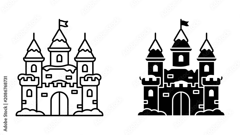 Fototapeta premium Fairytale Castle Icons: Two charming fairytale castle icons, one outlined and one solid silhouette, represent a classic symbol of fantasy and wonder.