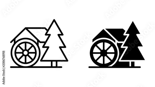 Photos Rustic Watermill and Tree Icon: A stylized icon set featuring a charming watermill next to a solitary pine tree, symbolizing rural industry and nature