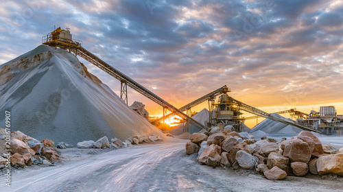 Industrial aggregate processing plant with conveyor belts and gravel stockpiles at sunrise quarry site