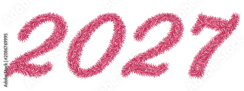 Pink tinsel. 2027. Cursive lettering from a festive Christmas ornament. Fluffy numbers made of two lines. Vector illustration. Isolated background. Cute plush message. Happy New Year. Rustling text. 