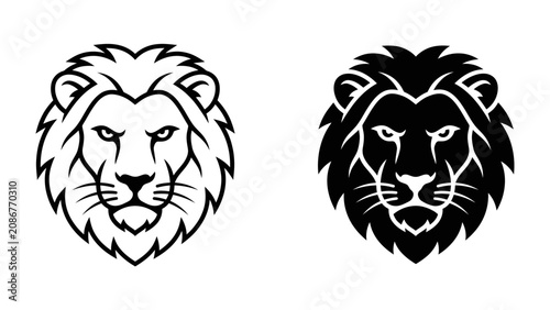 Foto Lion Head Icon: A majestic lion head, depicted in both line art and silhouette, exudes power and regality
