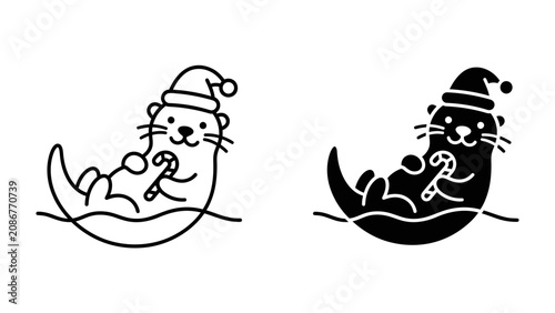 Tableau sur toile Christmas Otter Duo: Two adorable otters, one in outline and one in silhouette, wear Santa hats and hold candy canes while floating on their backs, embracing the festive holiday spirit