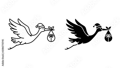 Photos Christmas Stork Delivery: A stork wearing a Santa hat flies, carrying a gift-wrapped bundle in its beak