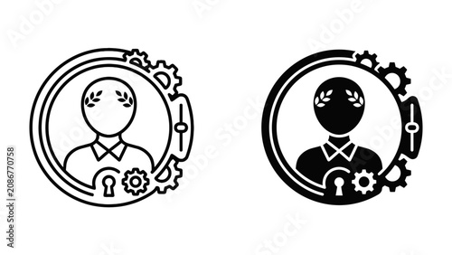 Fotografie Business Success Icon: A stylized icon featuring a silhouette of a person wearing a laurel wreath, enclosed in a circular frame with gears and a slider, symbolizing achievement, progress