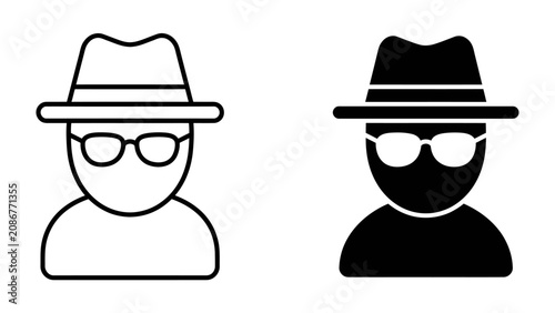 Tableau sur toile Spy Persona: Two stylized icons depict a clandestine individual, one outlined and the other solid black, both wearing hats and glasses, suggesting anonymity and mystery
