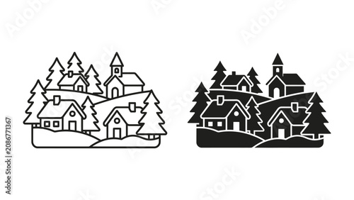 Quadro su tela Cozy Village Scene: A charming illustration depicts a quaint village nestled amidst rolling hills and evergreen trees, featuring a collection of houses and a church