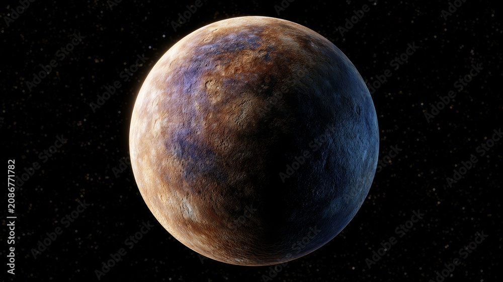 Fototapeta premium Planet mercury traveling through the dark interstellar space, showing its heavily cratered surface and varied rocky terrain with shadows indicating depth and texture in the cosmos