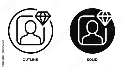 Foto Person with Diamond Icons: Two simple icons, one outlined and one solid, depict a person's silhouette within a rounded square, topped by a sparkling diamond, representing value and uniqueness