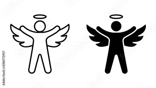 Fotografie Angel Icons Set: Simple line art and solid silhouette icons represent an angel with outstretched wings and a halo, symbolizing divinity, protection, and guidance
