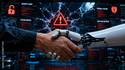 AI Cybersecurity Analyst Handshake With Robot Symbolizing Advanced Digital Security Partnership