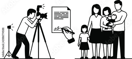 Photographer taking family portrait and hand signing document camera tripod