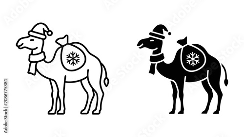 Fotografie Christmas Camel Illustration: A festive camel adorned with a Santa hat and scarf, carrying a sack decorated with a snowflake, presented in both outline and silhouette styles