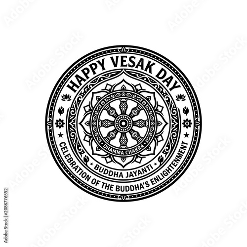 Happy Vesak Day celebration of Buddhas enlightenment, Dharma wheel emblem.