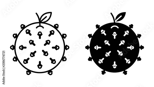 Foto Orange with Cloves Icons: Two minimalist icons of an orange studded with cloves, one in outline and the other in silhouette, representing flavor and spice