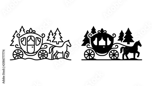 Obraz na plátně Horse-drawn Carriage Vector Art: A stylized illustration of a horse-drawn carriage with elegant detailing, set against a backdrop of pine trees