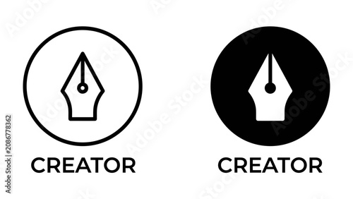 Konstfotografi Creator Icon Set: Two minimalist icons featuring a fountain pen nib, one in a white circle and the other in a black circle, both with the word CREATOR below