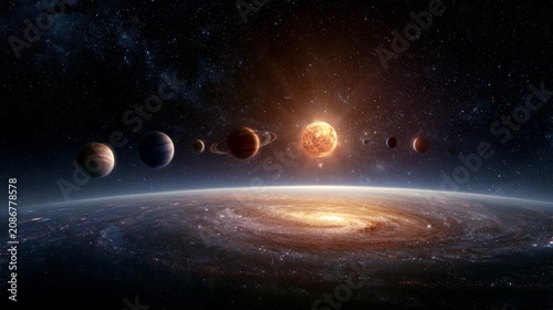 Solitary planets and a fiery sun orbiting a distant spiral galaxy, symbolizing cosmic exploration, scientific discovery, and the vast expanding universe