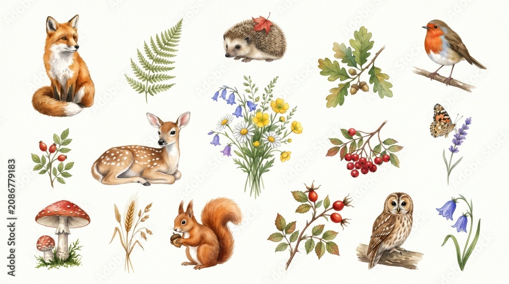 Obraz premium Whimsical Forest Wildlife and Flowers Watercolor Illustration