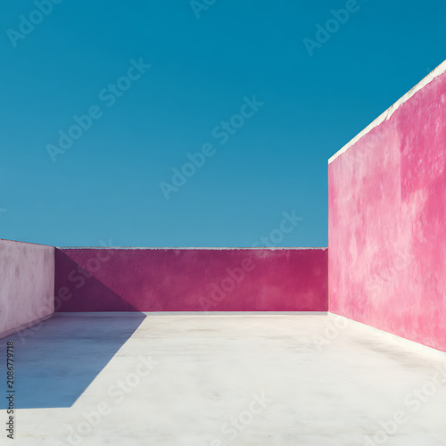 Minimalist architectural scene featuring vibrant pink concrete walls under a clear blue sky creating sharp geometric shadows on a smooth white rooftop terrace surface