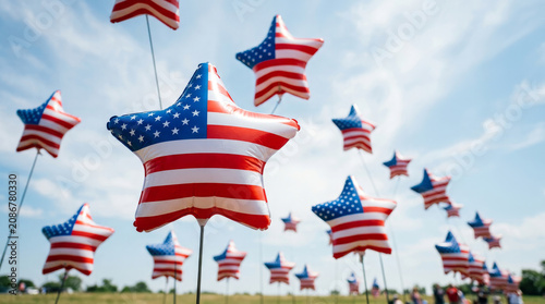 Patriotic star balloons with American flag pattern, festive 4th of July decorations flying in blue sky, Memorial Day celebration concept
