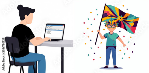 Adult teaching child coding with colorful celebration