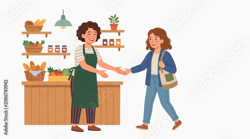 Friendly shopkeeper greets customer at a local market stall with fresh produce in white background.