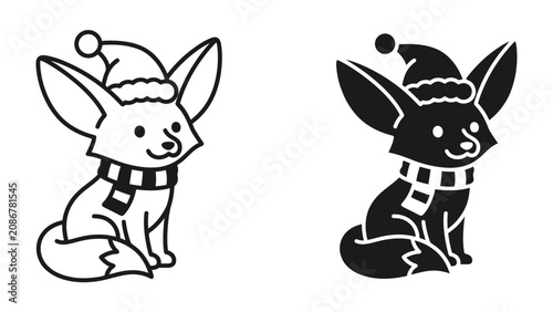 Bild auf Leinwand Fennec Fox Holiday Icon: A charming fennec fox, adorned with a festive Santa hat and a striped scarf, sits patiently, ready to spread holiday cheer