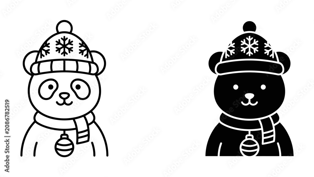 Fototapeta premium Cute Winter Characters: A charming black and white illustration featuring two adorable animal heads, a panda and a bear, both adorned with festive winter hats and scarves.
